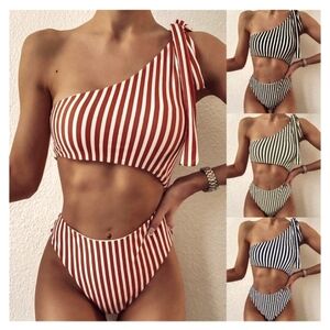 Shein orange and white striped one shoulder cut out medium summer swimsuit